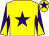 Yellow, purple star, purple and yellow diabolo on sleeves, yellow cap, purple star