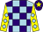 Light blue, purple checked, yellow arms, light blue diamonds, purple cap, yellow star