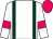 White, dark green braces, white sleeves, cerise armlets, cerise cap