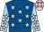 Royal blue, light blue stars, light blue sleeves, pink stars, pink cap, light blue stars