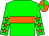 Green body, orange hoop, green arms, orange stars, orange cap, green quartered