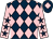 Dark blue and pink diamonds, pink sleeves, dark blue stars, dark blue cap, pink diamond