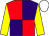 Red and purple (quartered), yellow sleeves, white cap