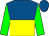 Royal blue and yellow halved horizontally, green sleeves, royal blue cap