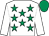 White, emerald green stars, white sleeves, emerald green cap