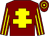 Maroon, yellow cross of lorraine, striped sleeves, hooped cap