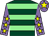 Dark green, light green hoops, mauve sleeves, yellow stars, mauve cap, yellow star