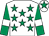 White, emerald green stars, emerald green sleeves, white armlets, white cap, emerald green star