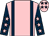 Pink, dark blue braces, dark blue sleeves, pink stars, pink cap, dark blue stars