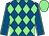 Royal blue and light green diamonds, royal blue sleeves, light green seams, light green cap