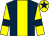 Dark blue, yellow stripe, yellow sleeves, dark blue armlets and star on yellow cap