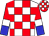 White, red checked, red and blue halved sleeves, white armlets, red and white checked cap