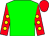 Green body, red arms, yellow spots, red cap