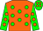 Orange body, green spots, green arms, orange spots, green cap, orange spots