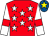 Red, white stars, white sleeves, red armlet, royal blue cap, yellow star