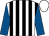 White and black stripes, royal blue sleeves, white cap