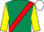 Emerald green, red sash, yellow sleeves, white cap