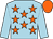 Light blue, orange stars, light blue sleeves, orange cap