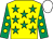 Yellow, emerald green stars, emerald green sleeves, yellow spots, white cap