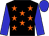 Black, orange stars, blue sleeves and cap