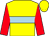 Yellow, light blue hoop, red sleeves