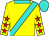 Yellow, turquoise sash and collar, yellow sleeves, red stars, turquoise cap