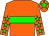 Orange body, green hoop, orange arms, green stars, orange cap, green star