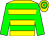 Yellow body, green hooped, green arms, yellow cap, green hooped