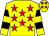 Yellow body, red stars, yellow arms, black hooped, yellow cap, red stars