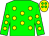 Green body, yellow spots, green arms, yellow spots, yellow cap, green spots