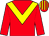 Red body, yellow chevron, red arms, red cap, yellow striped