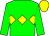 Green body, yellow triple diamond, green arms, yellow cap