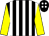 Black and white stripes, yellow sleeves, black cap, white spots