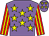 Mauve body, yellow stars, red arms, yellow striped, mauve cap, yellow stars