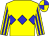 Yellow, blue band of diamonds, striped sleeves, quartered cap