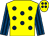 Yellow, dark blue spots, royal blue and dark blue striped sleeves