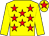 Yellow body, red stars, yellow arms, yellow cap, red star