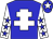 Blue body, white cross of lorraine, white arms, blue stars, blue cap, white star