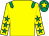 Yellow, emerald green epaulettes, emerald green stars on sleeves, emerald green cap, yellow star