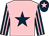 Pink, dark blue star, dark blue & pink striped sleeves, dark blue cap, pink star