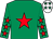 Emerald green, red star, red stars on sleeves, white cap, emerald green stars