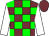 Garnet body, green checked, white arms, garnet cap