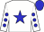 white, blue star, blue spots on sleeves, blue cap