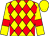 Yellow and red diamonds, yellow sleeves, red armlets, yellow cap