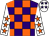 Purple and orange check, white sleeves, orange stars, white cap, purple stars