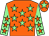 Orange, light green stars, light green sleeves, orange stars, orange cap, light green star