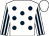 White, dark blue spots, striped sleeves, white cap