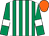 Emerald green and white stripes, emerald green sleeves, white armlets, orange cap