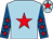 Light blue, red star, royal blue sleeves, red stars, light blue cap, red star