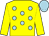 Yellow, light blue spots, yellow sleeves, light blue cap